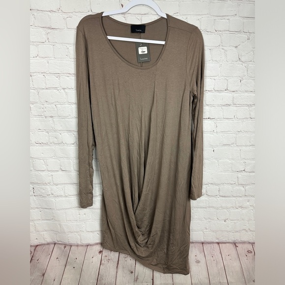 Lumiere Dresses & Skirts - Lumiere long sleeve draped toffee brown knit viscose dress, sz L NWT Made in USA